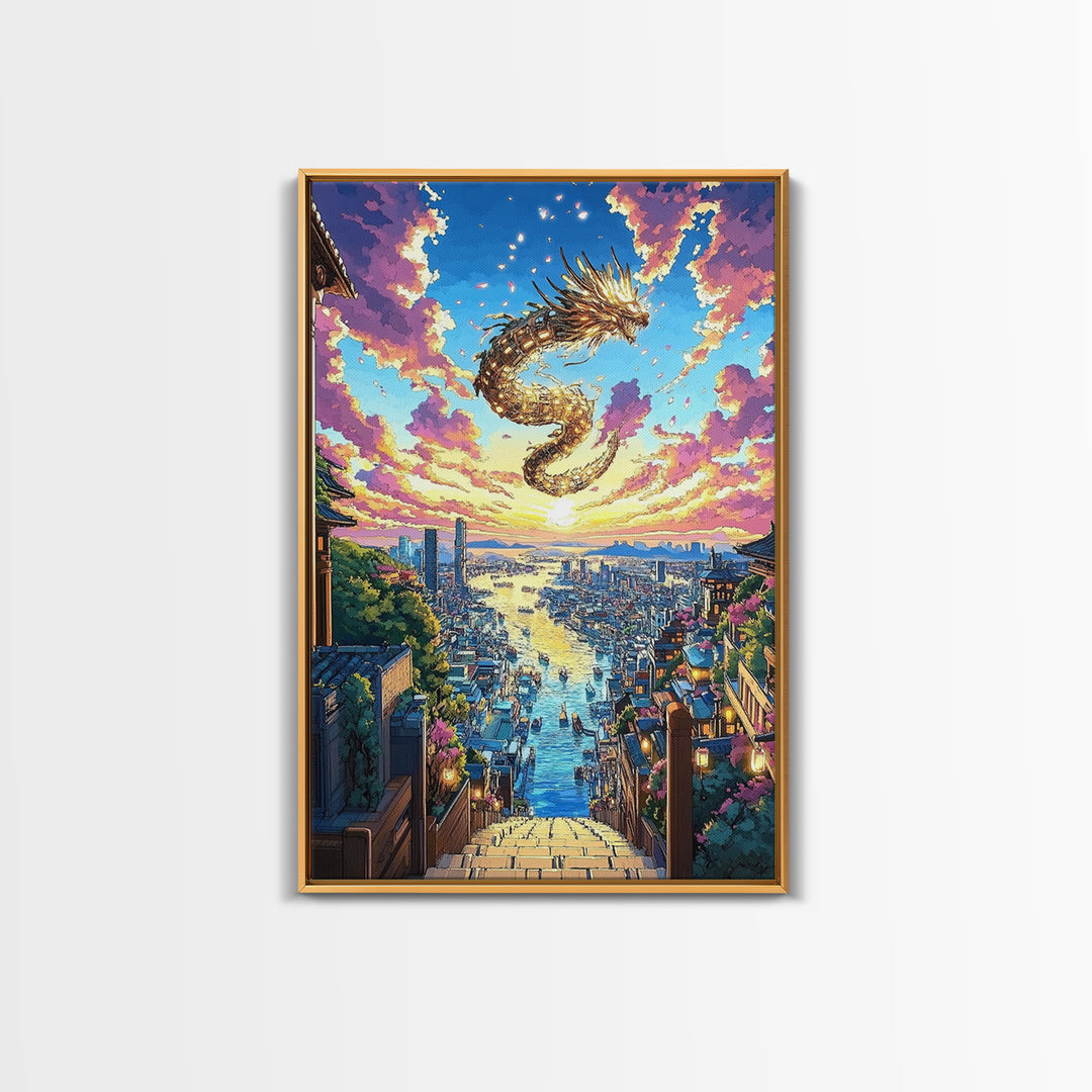 Golden Dragon City Sunset Canvas Print, Japanese Fantasy Wall Art, Vibrant Urban Landscape, Gamer Room Decor, Unique Gift