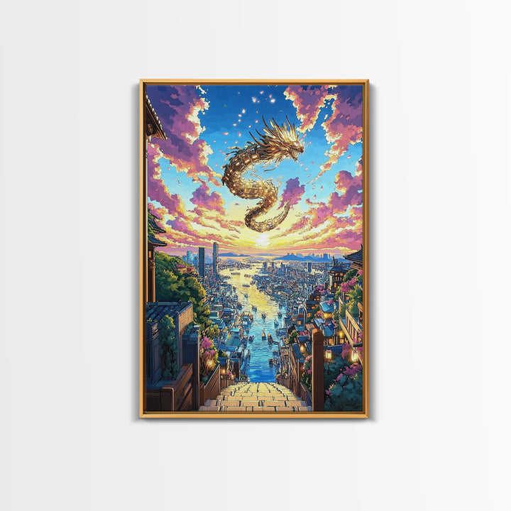 Golden Dragon City Sunset Canvas Print, Japanese Fantasy Wall Art, Vibrant Urban Landscape, Gamer Room Decor, Unique Gift