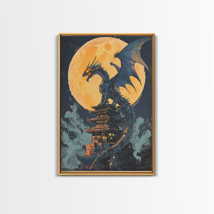 Full Moon Dragon Pagoda Wall Art, Dark Fantasy Print, Gothic Japanese Decor, Moody Canvas Wall Art Gift For Him, Office Decor