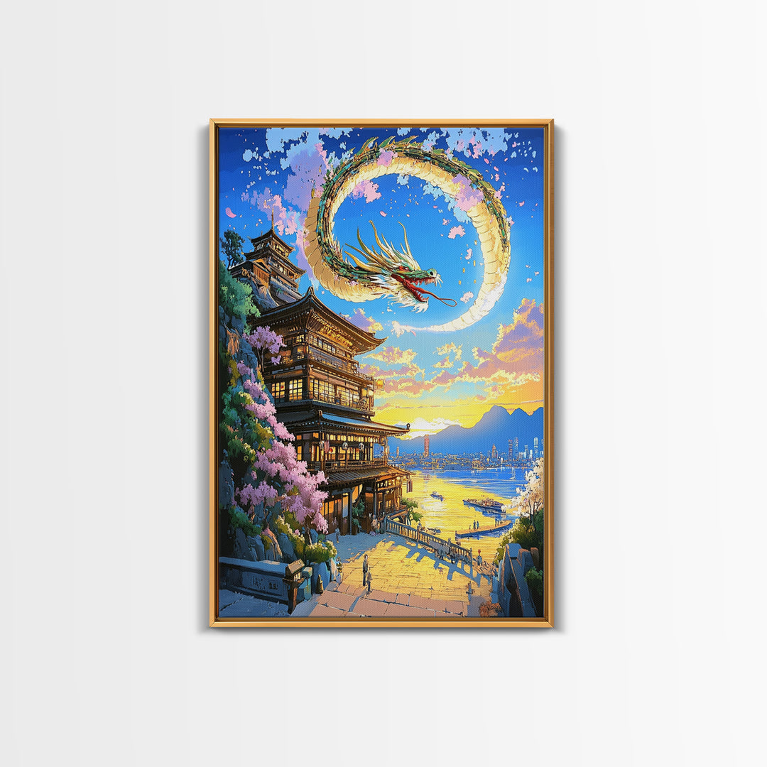 Crescent Dragon Seaside Temple Framed Canvas Print, Japanese Wall Art, Fantasy Coastal Decor, Statement Home Decor Gift