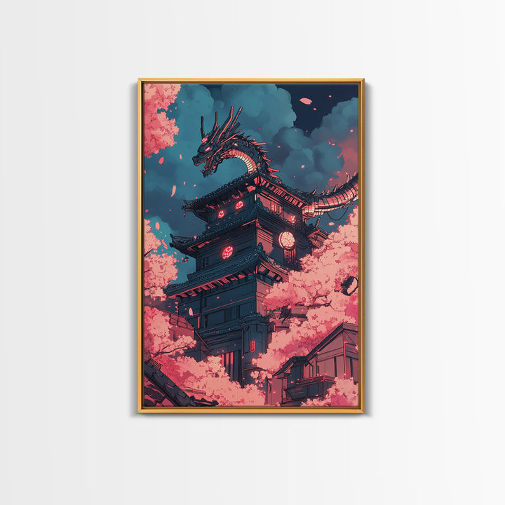 Cherry Blossom Dragon Tower Wall Art, Japanese Fantasy Canvas Print, Anime Pagoda Decor, Sakura Night Living Room Art Home Decor