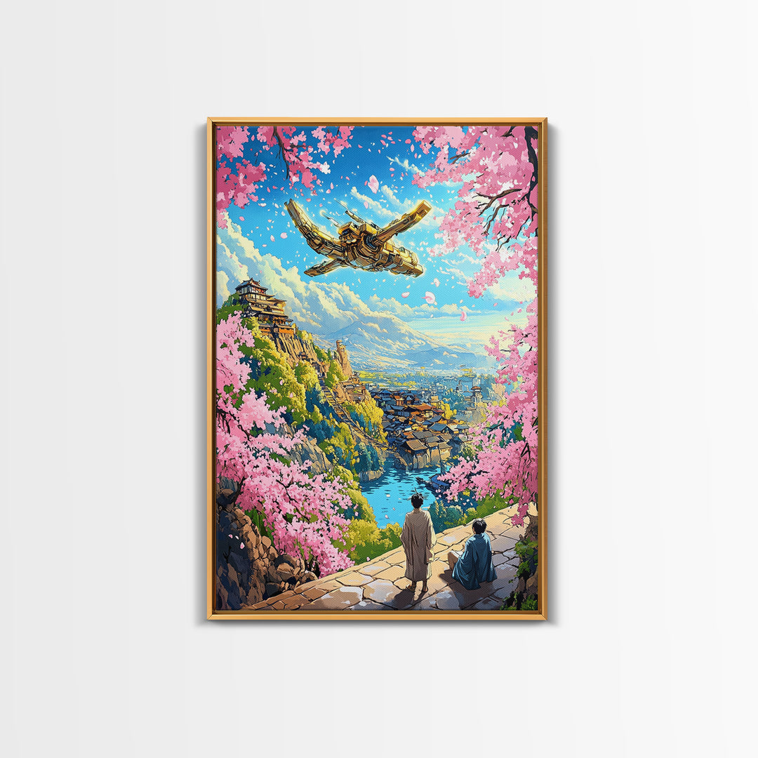 Flying Golden Airship Wall Art, Anime Sakura City Canvas Print, Japanese Fantasy Landscape Decor, Living Room Art Gift For Him