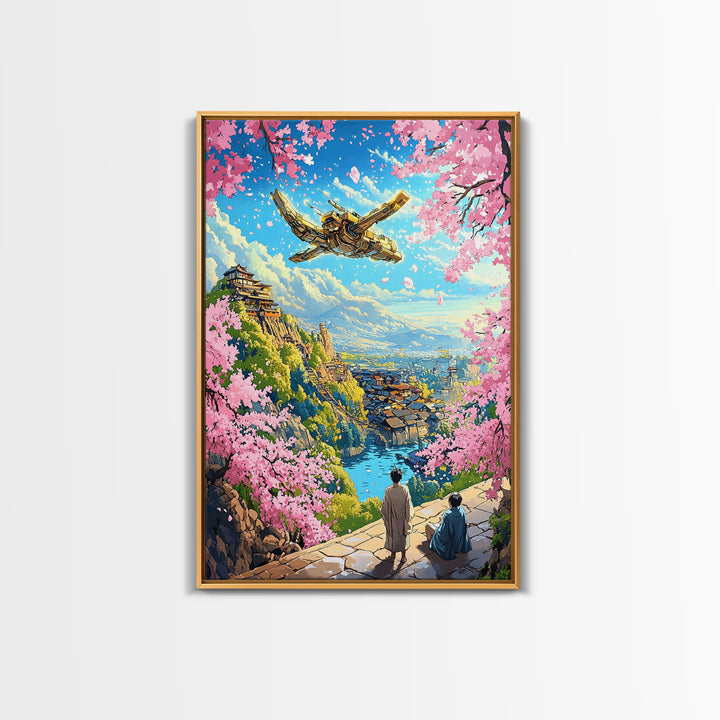Flying Golden Airship Wall Art, Anime Sakura City Canvas Print, Japanese Fantasy Landscape Decor, Living Room Art Gift For Him