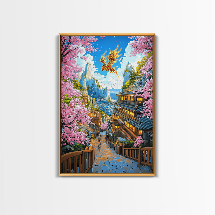 Golden Dragon Mountain Village Wall Art, Japanese Sakura Canvas Print, Anime Fantasy Landscape Decor, Colorful Living Room Art