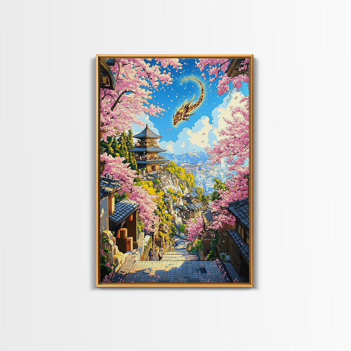 Golden Dragon Over Kyoto Pagoda Wall Art, Japanese Cherry Blossom Fantasy, Anime Landscape, Asian Home Decor, Living Room Art