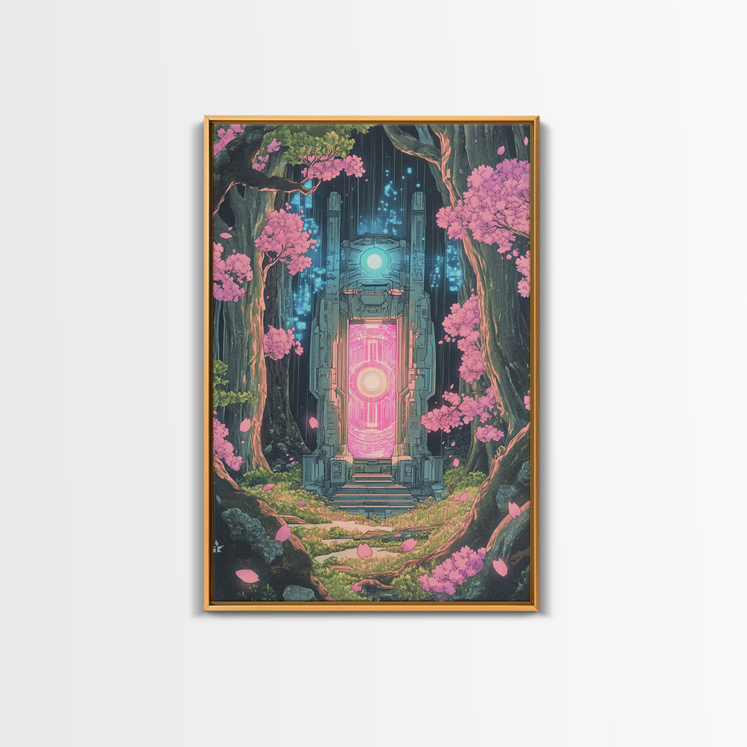 Neon Portal In Cherry Forest Framed Canvas Print, Cyberpunk Fantasy Wall Decor, Sci Fi Art, Modern Japanese Wall Art, Gaming Room Decor