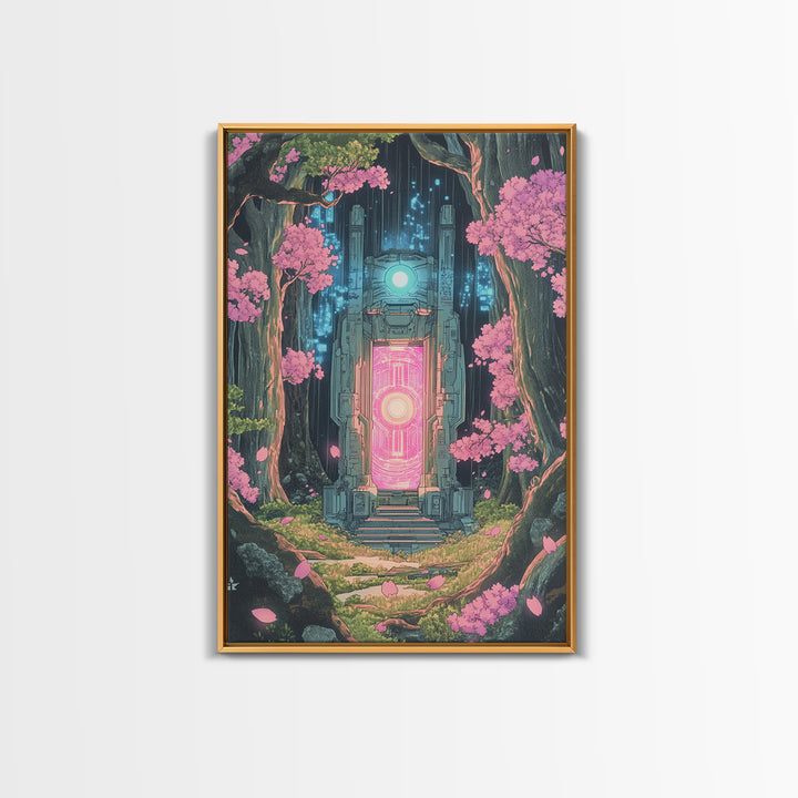 Neon Portal In Cherry Forest Framed Canvas Print, Cyberpunk Fantasy Wall Decor, Sci Fi Art, Modern Japanese Wall Art, Gaming Room Decor