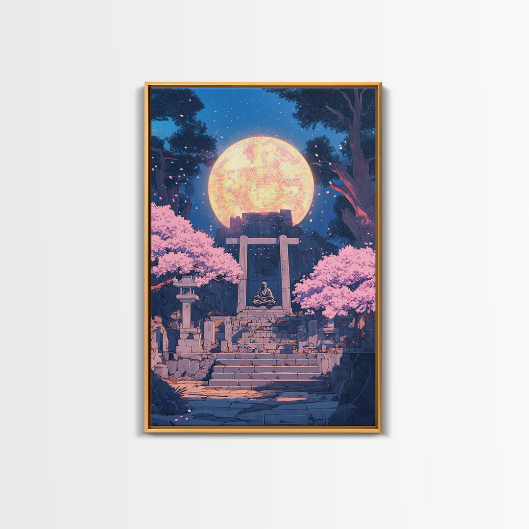 Glowing Moon Shrine With Meditating Monk Canvas Print, Japanese Wall Art, Cherry Blossom Decor, Zen Fantasy Living Room Art