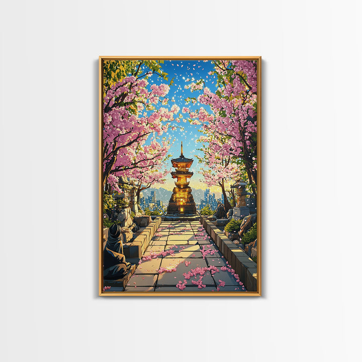 Cherry Blossom Pagoda Path Wall Art, Japanese Temple Landscape, Anime City Skyline, Spring Decor, Large Framed Canvas Print