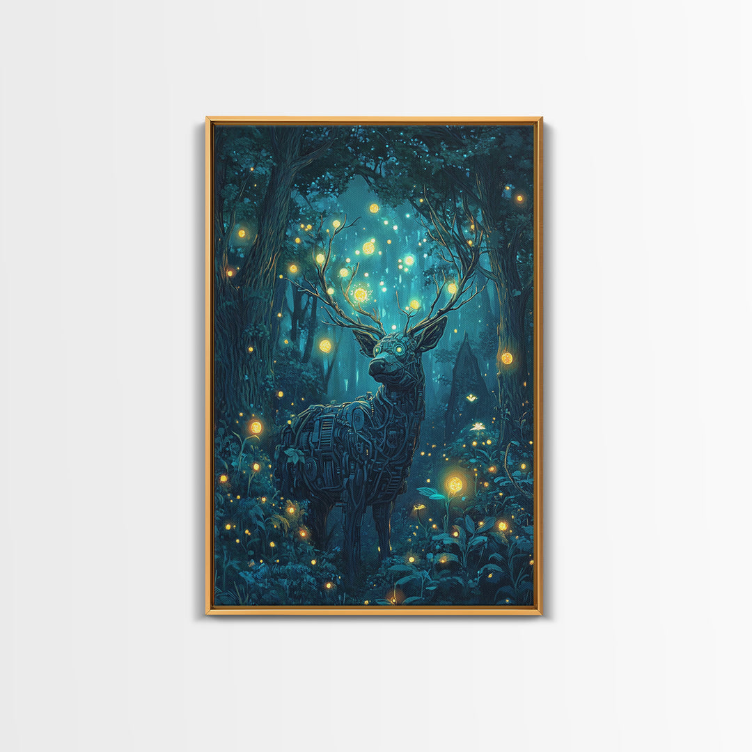 Mechanical Deer In Enchanted Forest Wall Art, Glowing Firefly Fantasy, Cyberpunk Animal Art, Whimsical Nature Canvas Print