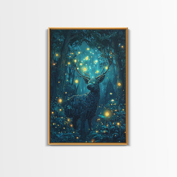 Mechanical Deer In Enchanted Forest Wall Art, Glowing Firefly Fantasy, Cyberpunk Animal Art, Whimsical Nature Canvas Print