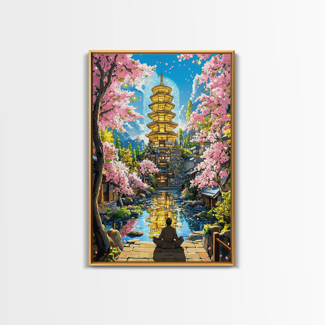Golden Pagoda Reflecting On Canal Framed Canvas Print, Japanese Cherry Blossom Wall Art, Zen Landscape, Asian Home Decor