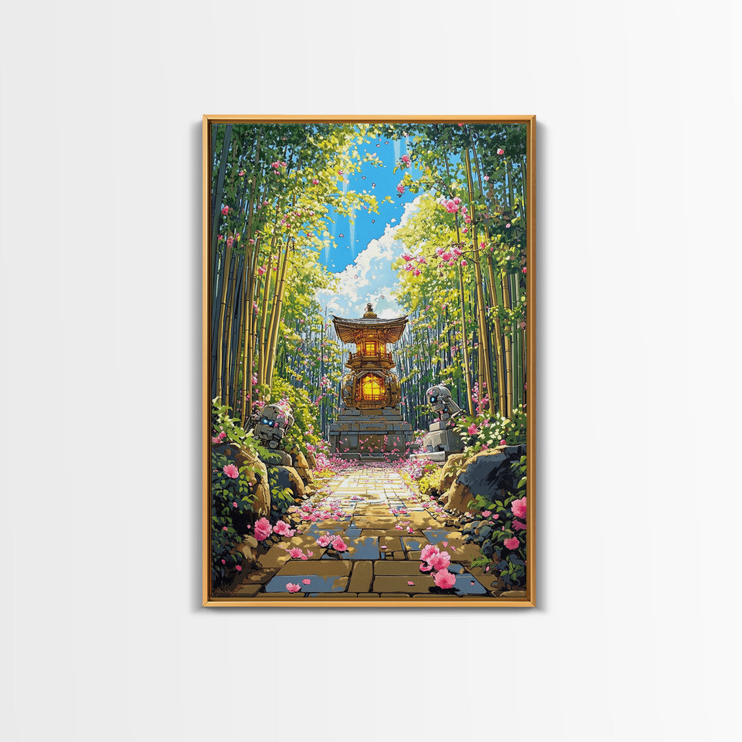 Sunlit Bamboo Garden Shrine Wall Art, Japanese Lantern Path, Pink Flower Decor, Zen Nature Art, Large Framed Canvas Print