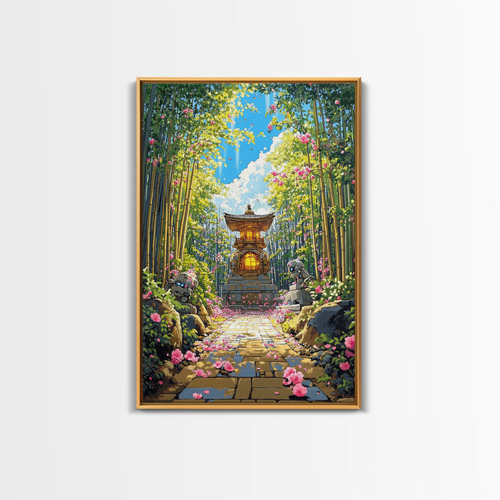 Sunlit Bamboo Garden Shrine Wall Art, Japanese Lantern Path, Pink Flower Decor, Zen Nature Art, Large Framed Canvas Print