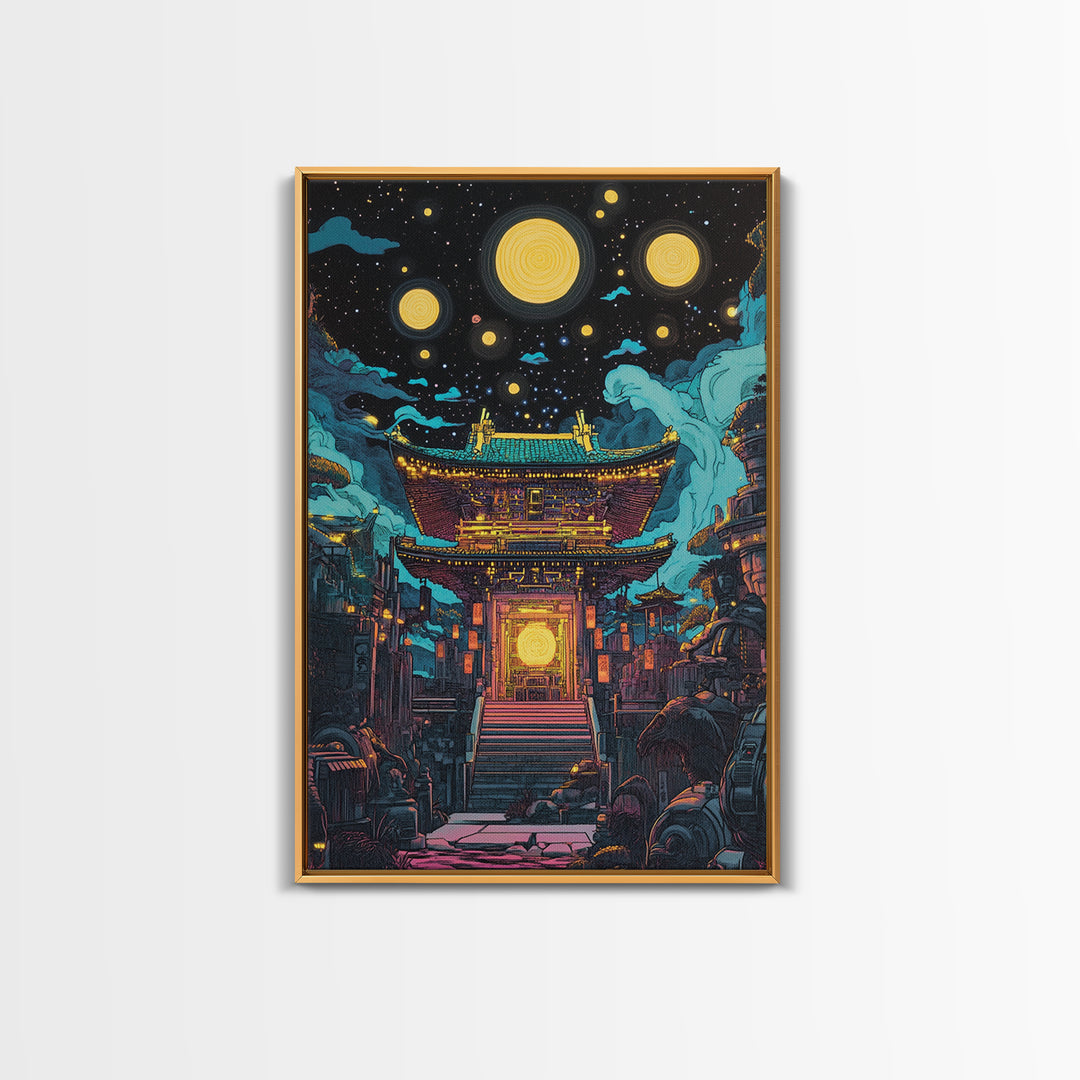 Starry Night Japanese Temple Wall Art, Glowing Moon Sci Fi Fantasy, Asian Cyberpunk Decor, Dark Academia Canvas Print, Home Decor
