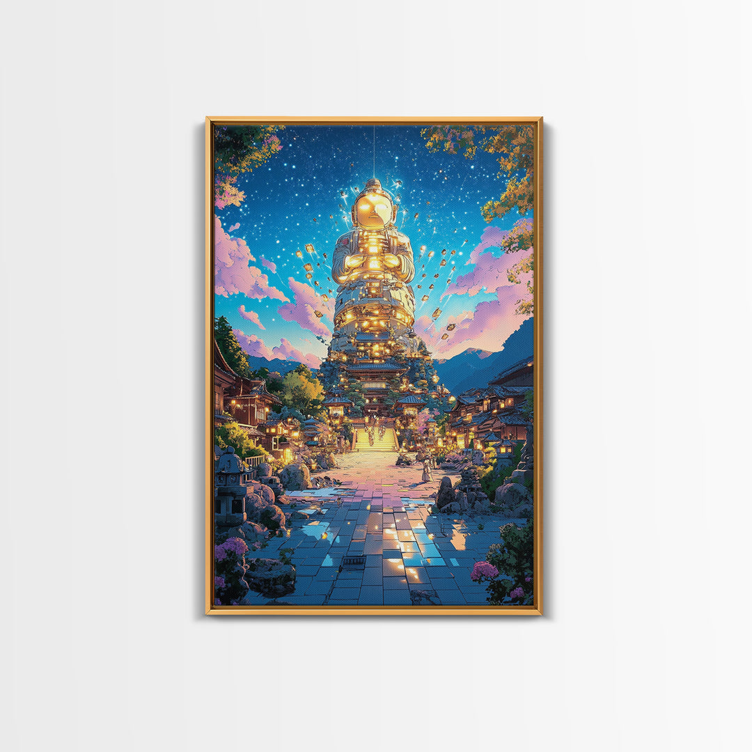 Golden Futuristic Buddha Temple Wall Art, Cyberpunk Japanese Village Canvas Print, Spiritual Sci Fi Decor For Meditation Room