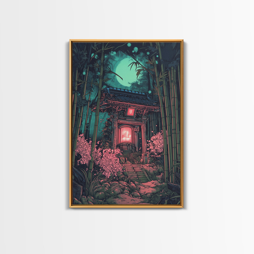 Moonlit Bamboo Shrine Wall Art, Japanese Moon Garden Canvas Print, Dark Botanical Japandi Decor, Pink Floral Temple Scene