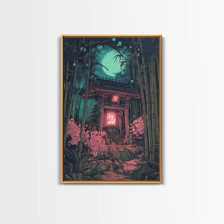 Moonlit Bamboo Shrine Wall Art, Japanese Moon Garden Canvas Print, Dark Botanical Japandi Decor, Pink Floral Temple Scene