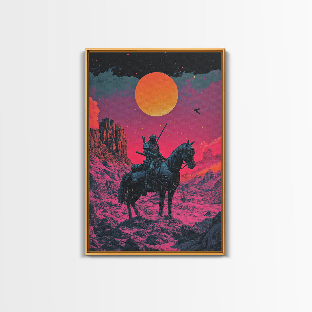 Samurai Horseback Desert Wall Art, Orange Sun Western Japanese Canvas Print, Retro Futuristic Warrior Decor Gift For Man Cave