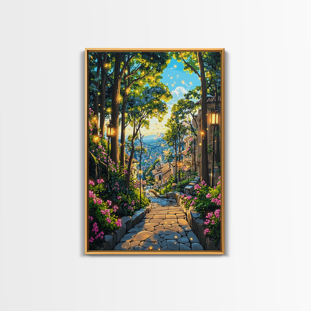 Glowing Forest Stairway Wall Art, Lantern Garden Path Canvas Print, Whimsical Coastal Village Decor For Living Room Gift