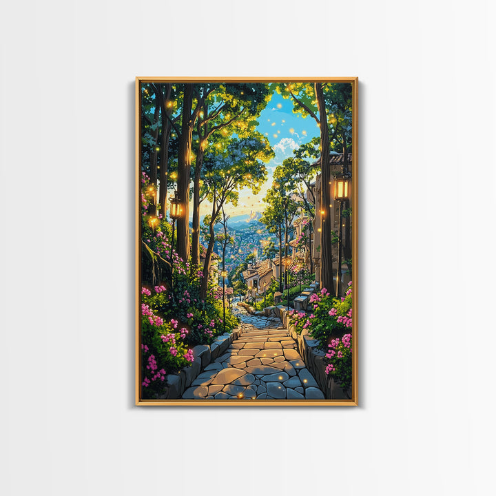 Glowing Forest Stairway Wall Art, Lantern Garden Path Canvas Print, Whimsical Coastal Village Decor For Living Room Gift
