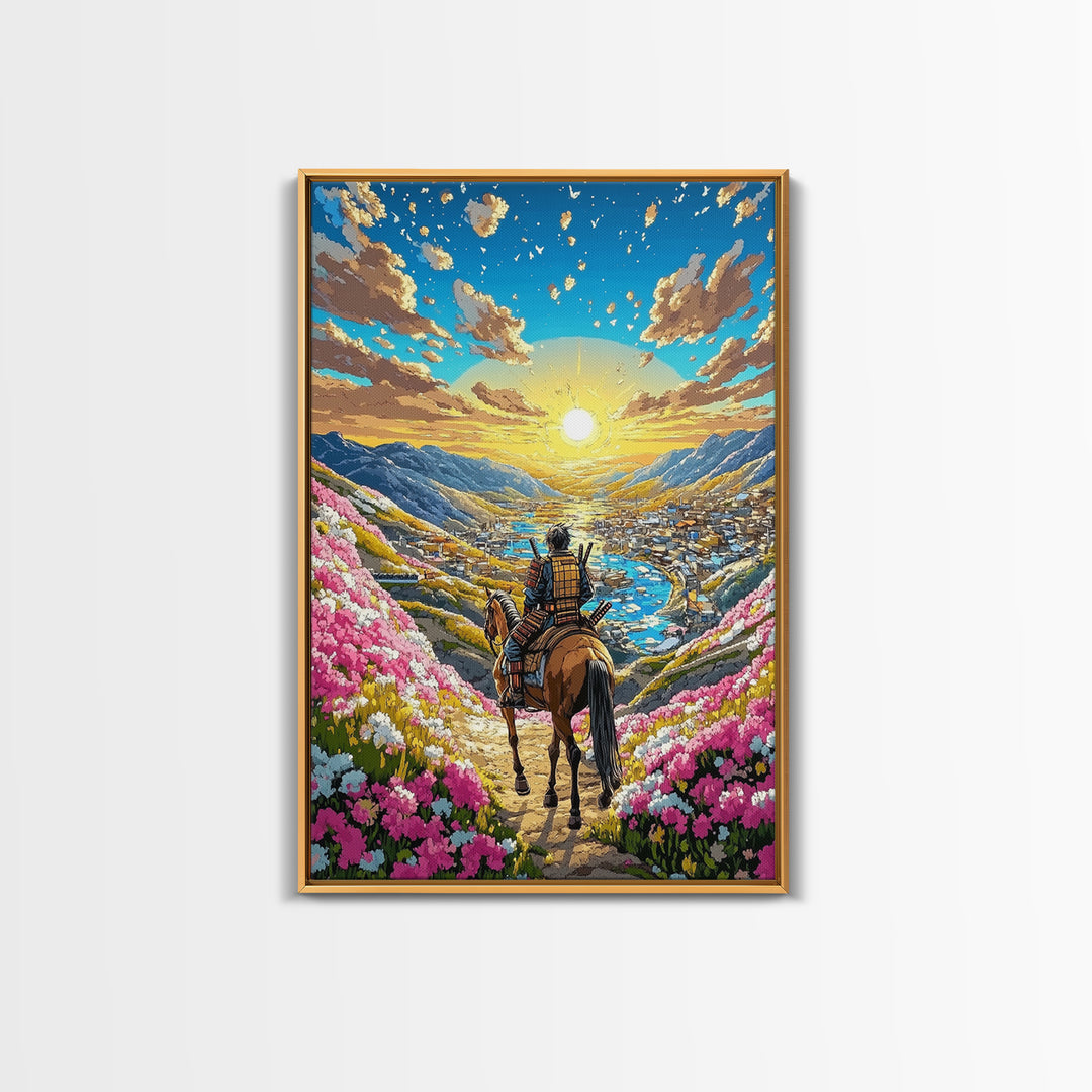 Horseback Warrior Valley Wall Art, Sunrise Mountain Landscape Canvas Print, Pink Flower Meadow Japanese Decor Gift For Home