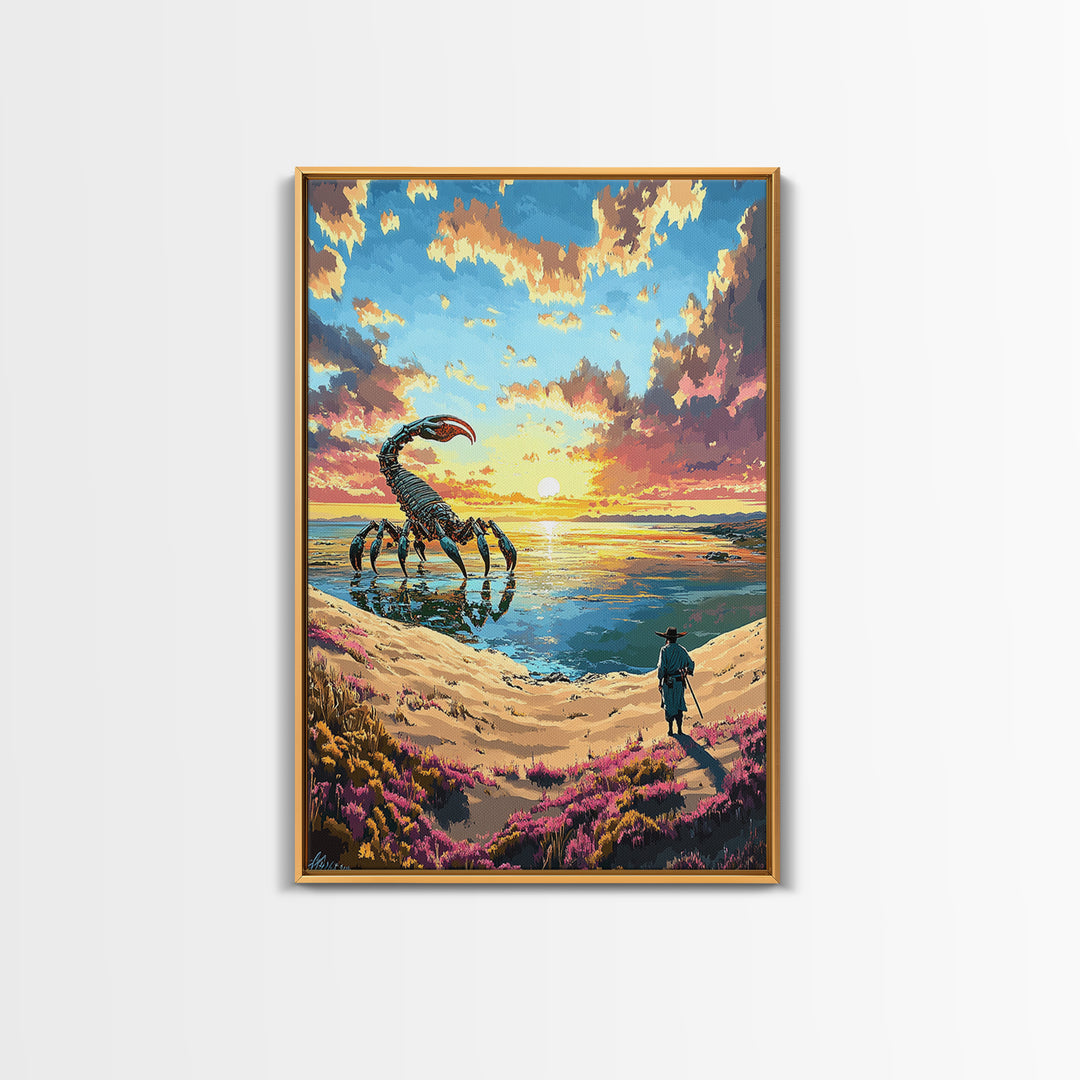 Giant Scorpion Beach Sunset Wall Art, Surreal Fantasy Landscape Canvas, Coastal Sci Fi Decor, Unique Gift For Him, Statement Artwork