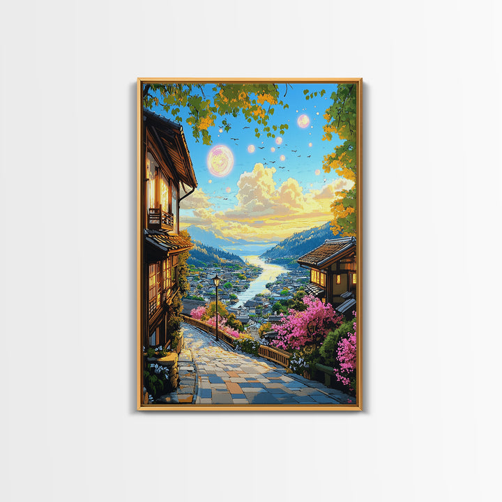 Magical Japanese Lakeside Village Canvas Print, Sunset Mountain Wall Decor, Cherry Blossom Art, Japandi Home Decor Gift Idea