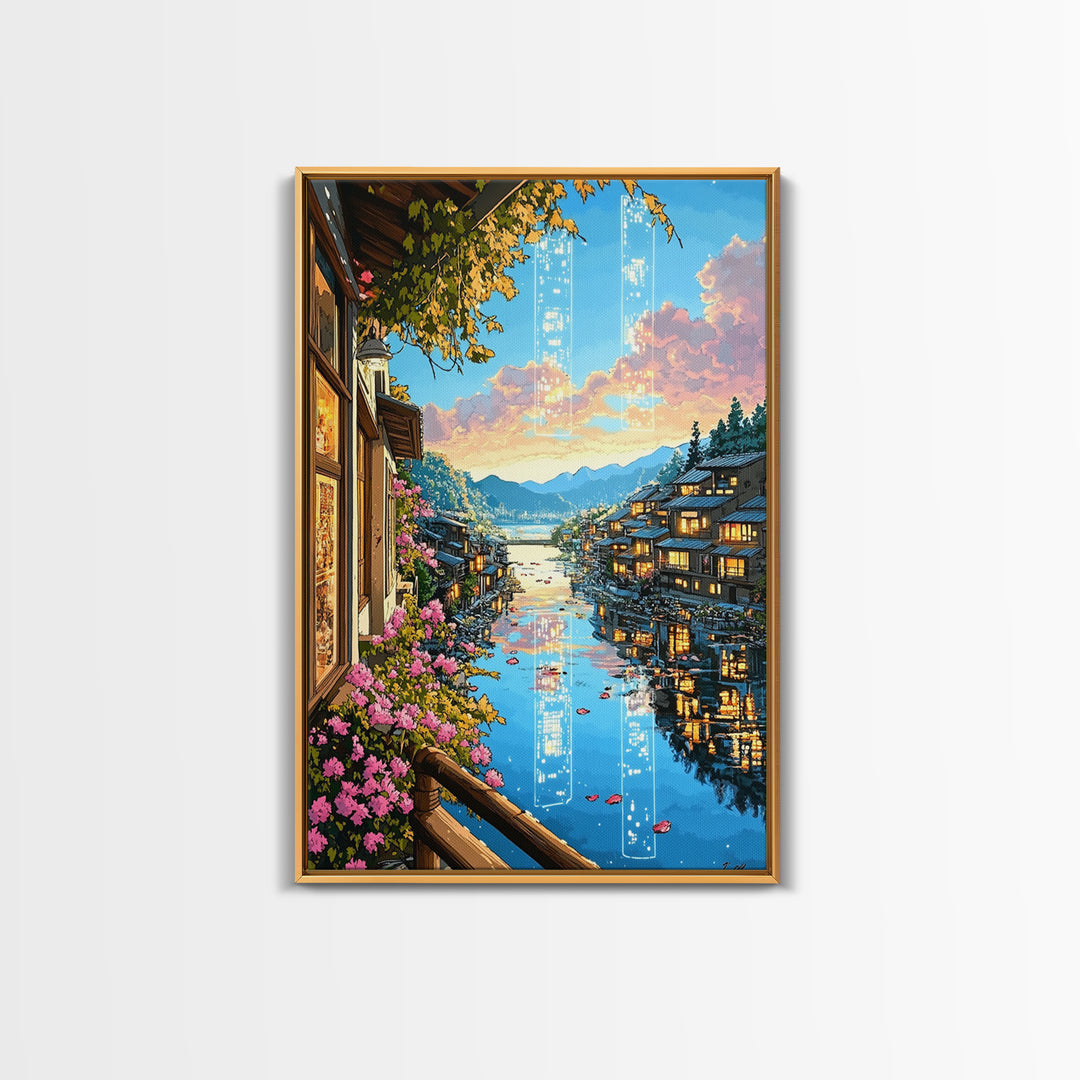 Glowing Canal Village Framed Canvas Print, Japanese Landscape Wall Art, Cherry Blossom Decor, Fantasy Travel Poster Gift