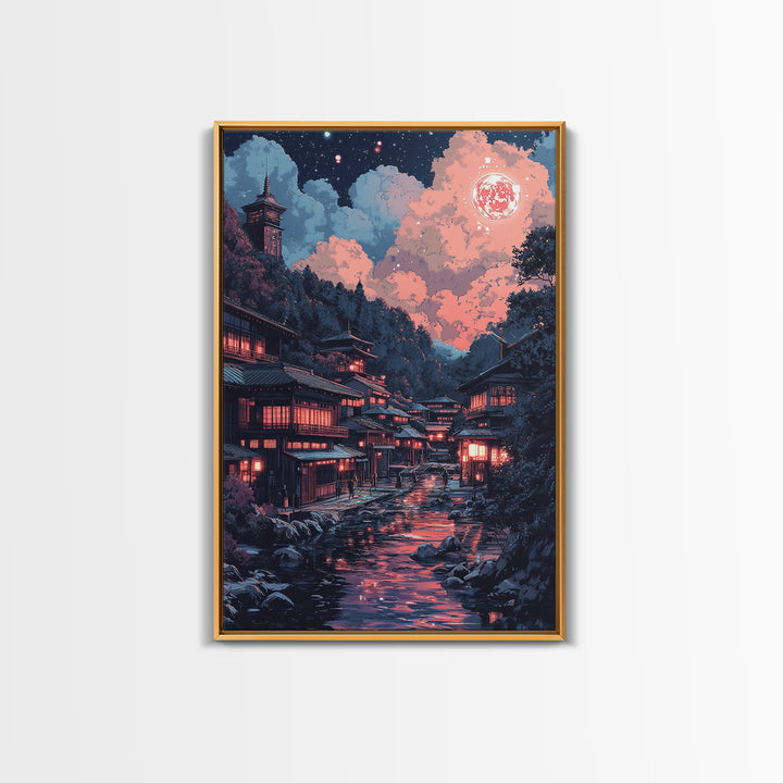 Red Moon Japanese River Village Wall Art, Night Lantern Landscape, Dark Academia Decor, Moody Fantasy Canvas Print For Living Room