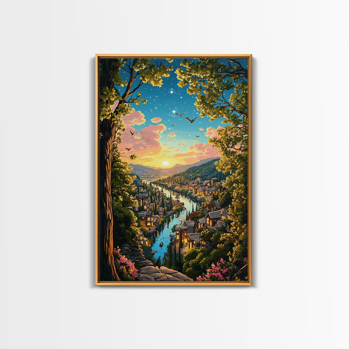 Sunset River City Through Forest Wall Art, Starry Landscape Canvas, Nature Decor, Cozy Living Room Art Print Gift For Her