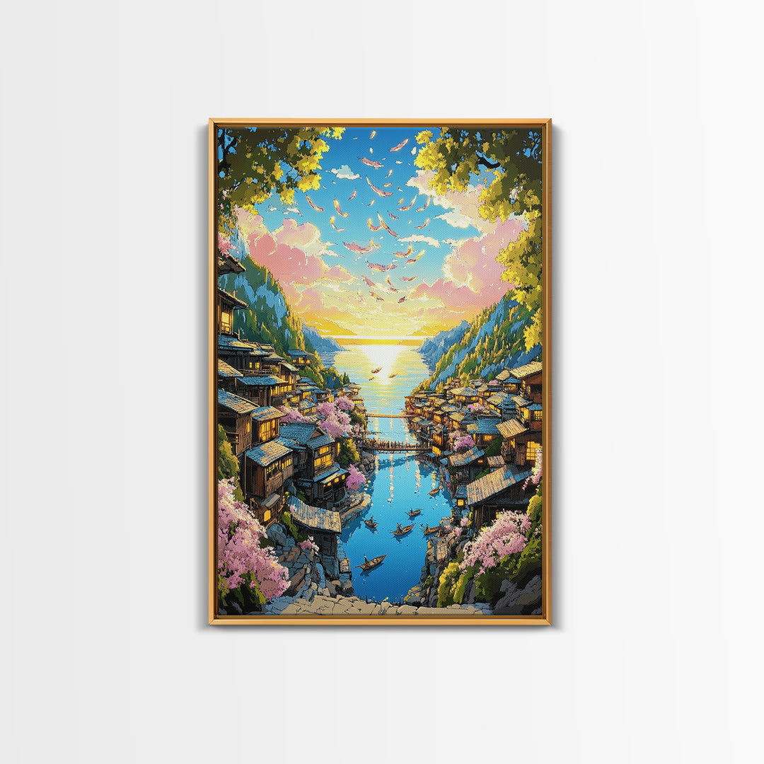Cherry Blossom Coastal Village Canvas Print, Japanese Seascape Wall Art, Pink Floral Decor, Peaceful Travel Poster Gift Idea