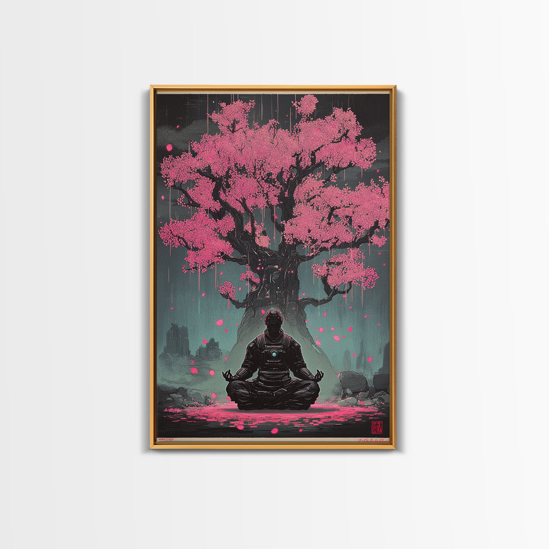 Astronaut Meditating Under Pink Cherry Tree Wall Art, Sci Fi Zen Decor, Dark Botanical Fantasy Framed Canvas Print Gift For Him
