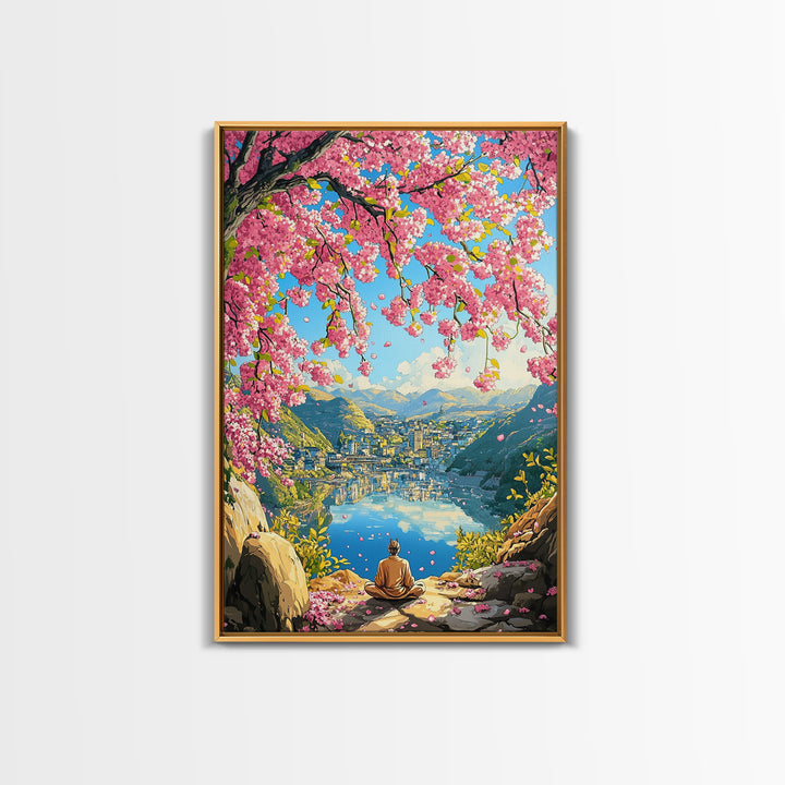 Cherry Blossom Lake Meditation Canvas Print, Japanese Mountain Wall Art, Spring Nature Decor, Peaceful Zen Gift For Her Idea