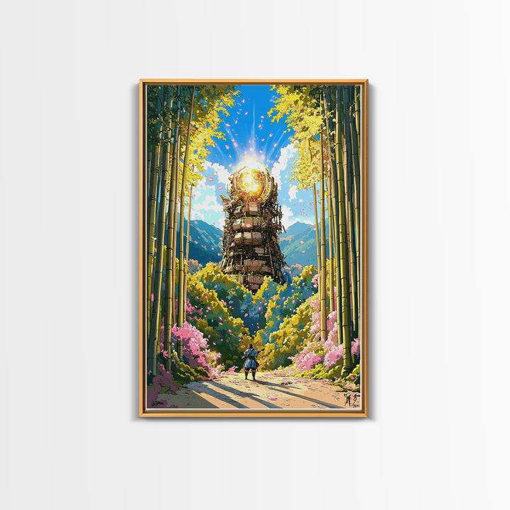 Glowing Samurai Tower In Bamboo Forest Wall Art, Japanese Fantasy Landscape, Asian Inspired Art Canvas Print, Living Room Decor