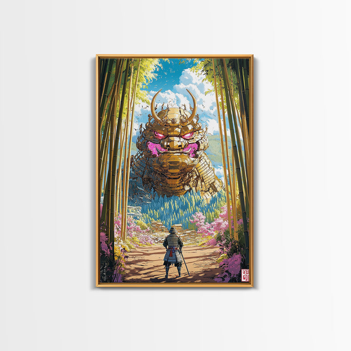 Giant Golden Samurai Mask In Bamboo Grove Framed Canvas Print, Japanese Warrior Wall Art, Fantasy Decor, Gift For Him, Office Decor