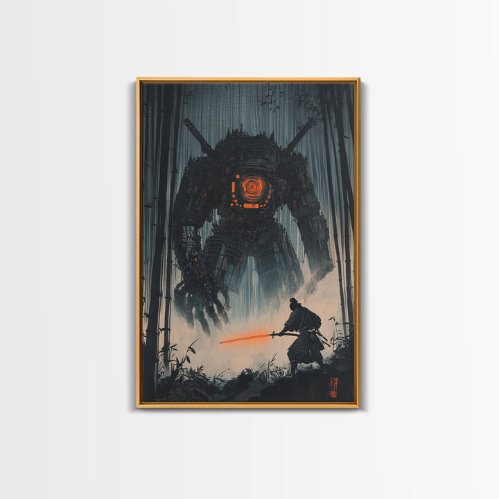 Dark Samurai Facing Giant Mech Wall Art, Cyberpunk Japanese Bamboo Forest, Neon Sword Framed Canvas Print, Office Wall Decor