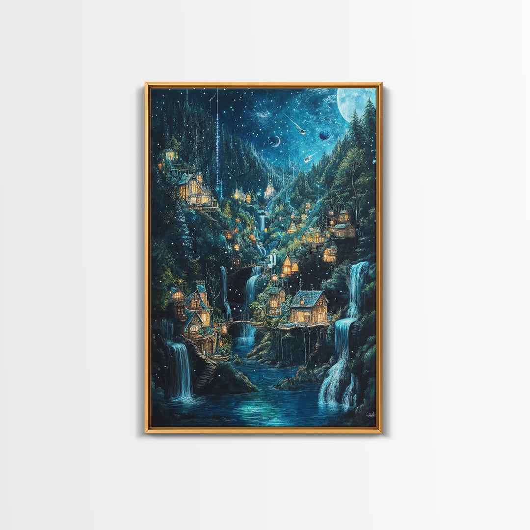 Starry Waterfall Village In Enchanted Forest Canvas Print, Fantasy Wall Art, Magical Cabin Decor, Cozy Living Room Decor