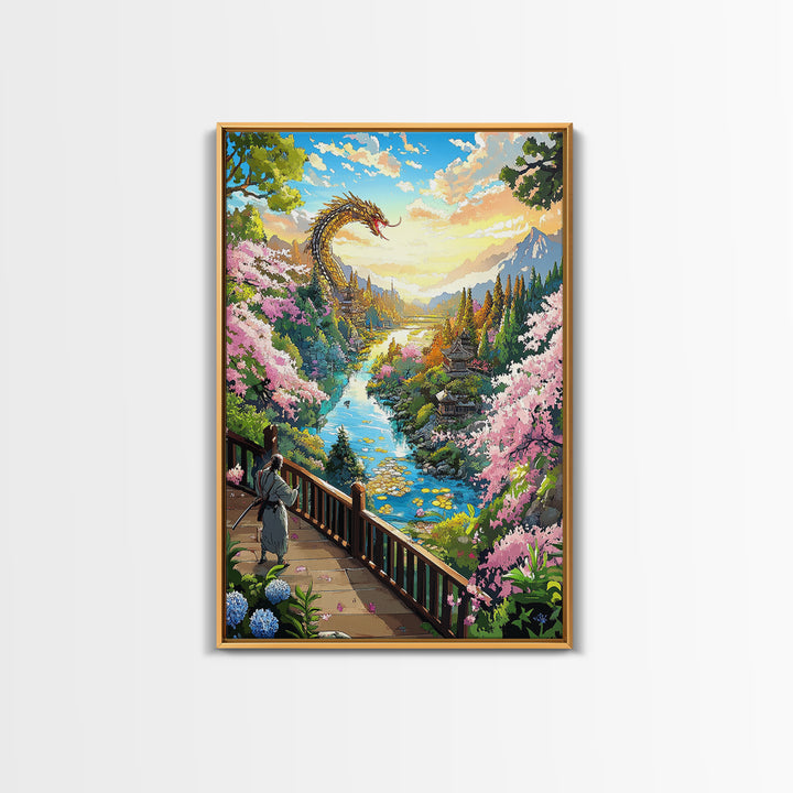 Golden Dragon Above Cherry Blossom Valley Wall Art, Japanese Fantasy Landscape, River Mountain Canvas Print, Zen Home Decor
