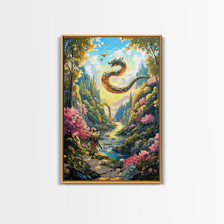 Warrior And Golden Dragon Mountain River Wall Art, Japanese Fantasy Canvas Print, Samurai Decor, Cherry Blossom Landscape