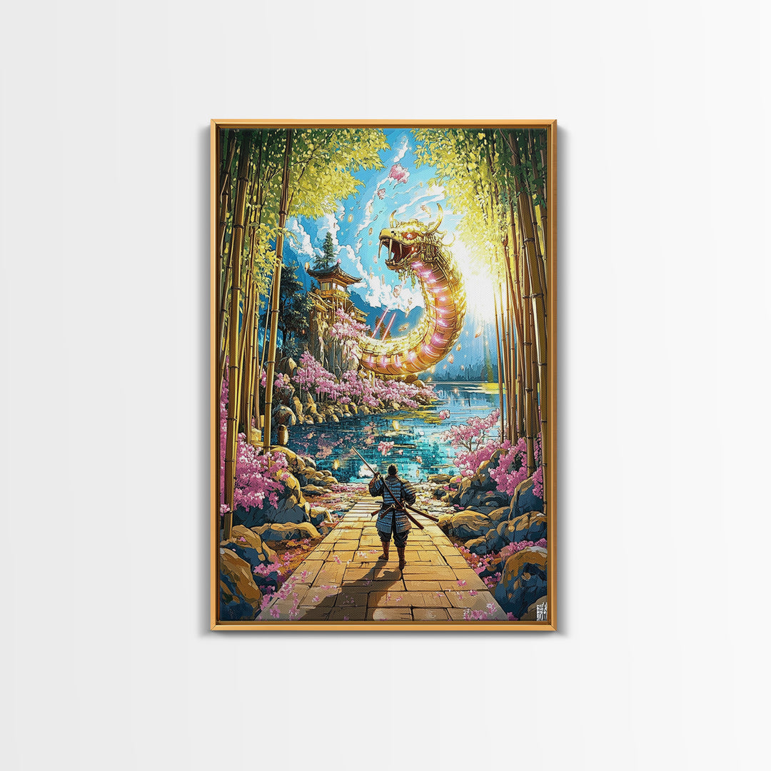Golden Dragon By Bamboo Lake Framed Canvas Print, Samurai Wall Art, Japanese Fantasy Decor, Cherry Blossom Temple Art Print