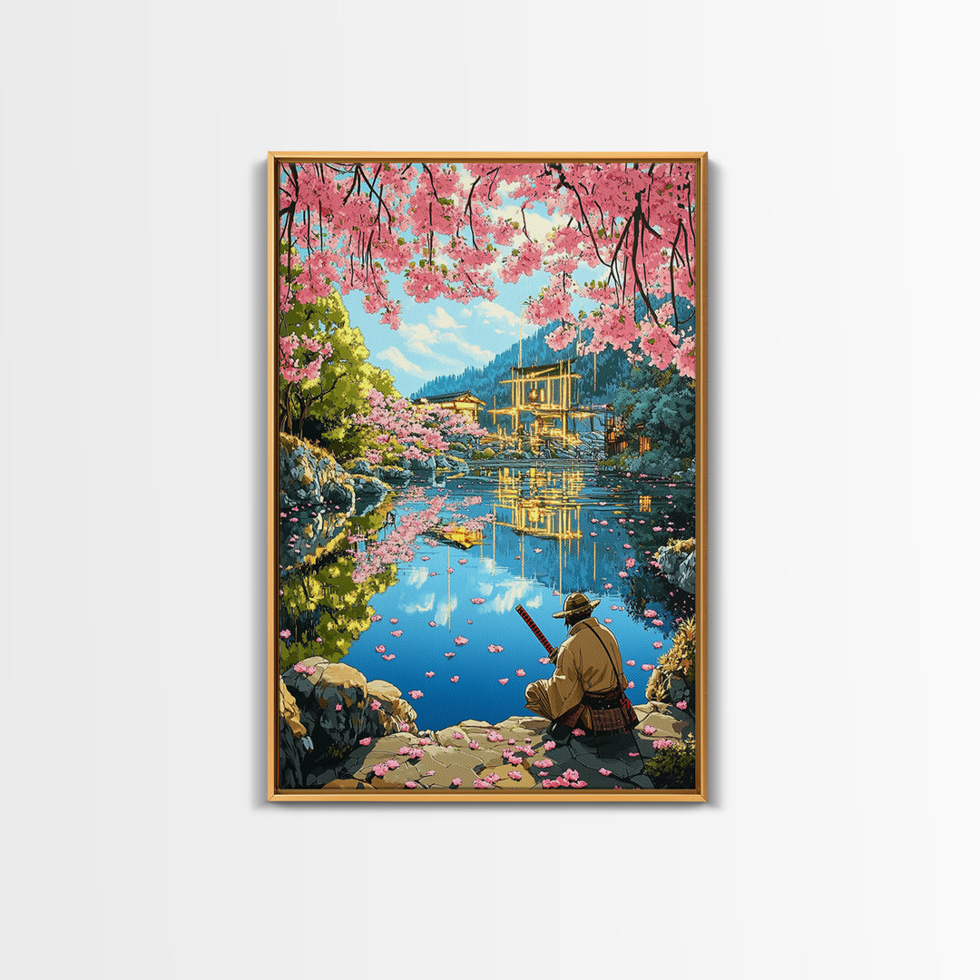 Seated Samurai At Cherry Blossom Lake Wall Art, Japanese Garden Canvas Print, Torii Reflection Decor, Peaceful Landscape