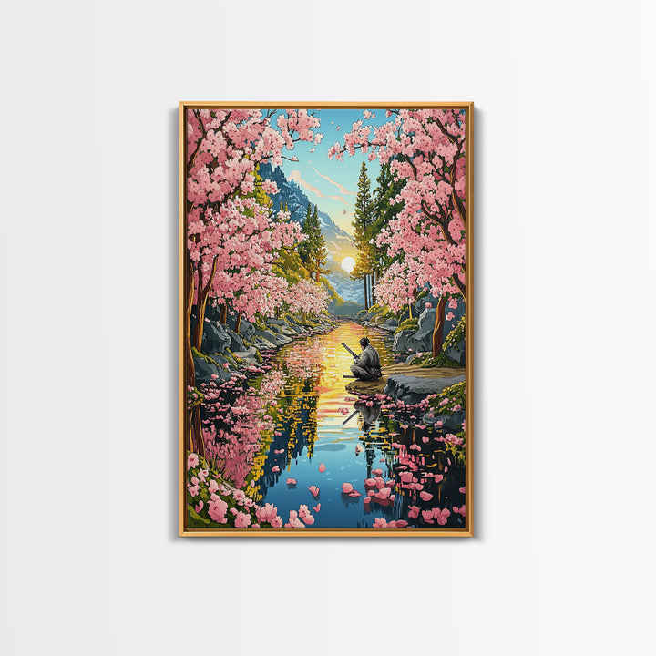 Samurai Meditation Beside Cherry River Wall Art, Japanese Landscape Canvas Print, Sakura Sunset Decor, Mountain Reflection