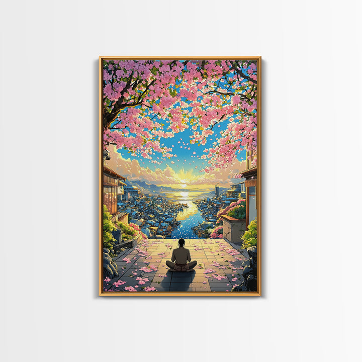 Meditation Over Cherry Blossom Harbor Wall Art, Japanese Coastal Canvas Print, Sakura Cityscape Decor, Peaceful Sunset Art