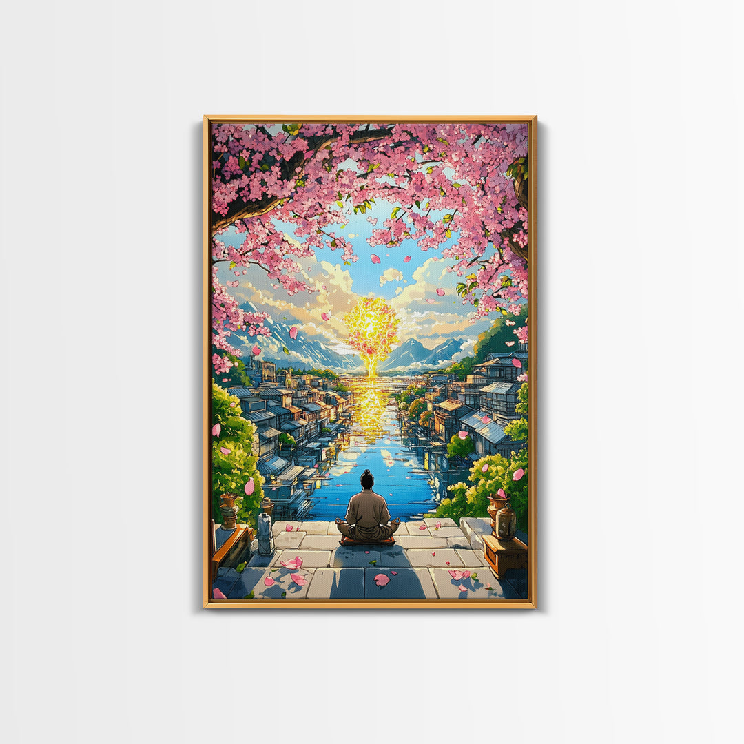 Meditating Figure Beneath Golden Tree Wall Art, Cherry Blossom Canvas Print, Japanese Canal City Decor, Spiritual Landscape