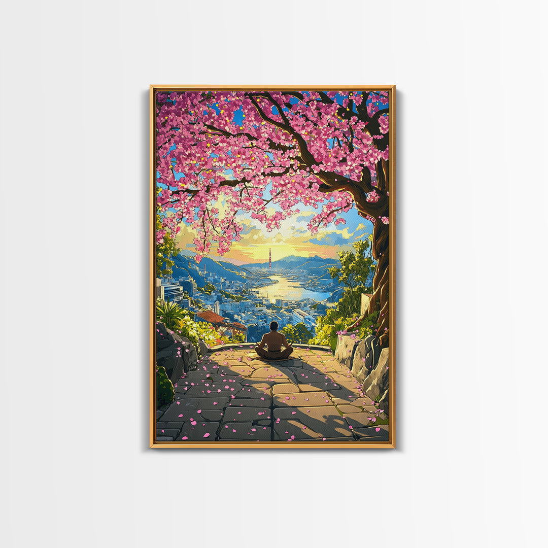Sunset Cherry Blossom Bay Wall Art, Japanese Landscape Painting, Zen Meditation Decor, Colorful Coastal Living Room Print