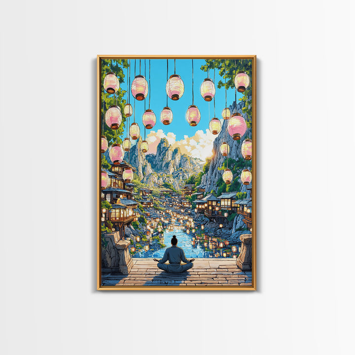 Lantern Mountain Village Canvas Print, Japanese Fantasy Landscape Art, Glowing River Decor, Zen Living Room Wall Art Gift