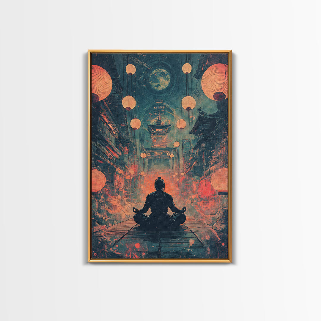 Moonlit Red Lantern Meditation Wall Art, Dark Japanese Fantasy Decor, Moody Zen Canvas Wall Art, Spiritual Room Print, Gift For Him