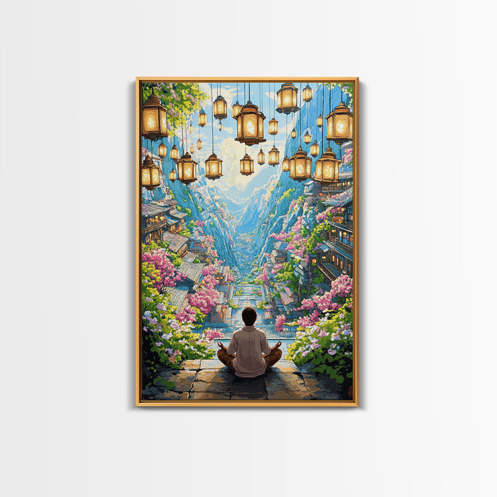 Hanging Lantern Valley Framed Canvas Print, Japanese Mountain Village Wall Decor, Floral Zen Landscape Living Room Art Gift