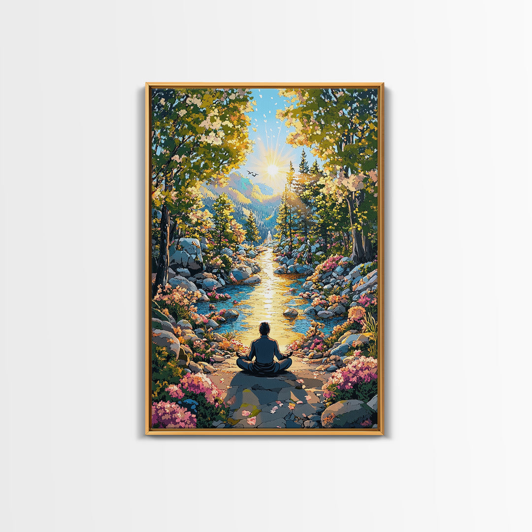 Golden Mountain River Meditation Canvas Print, Sunlit Nature Wall Art, Peaceful Zen Decor, Calming Living Room Art, Housewarming Gift